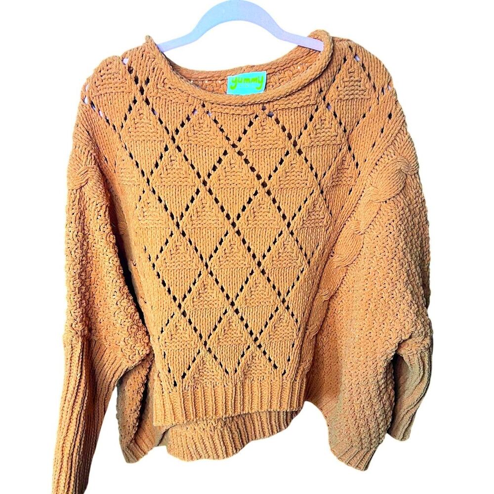Yummy Sweater Co Chenille Knit Pullover Pumpkin Spice Diamond Dolman Sleeve L/XL